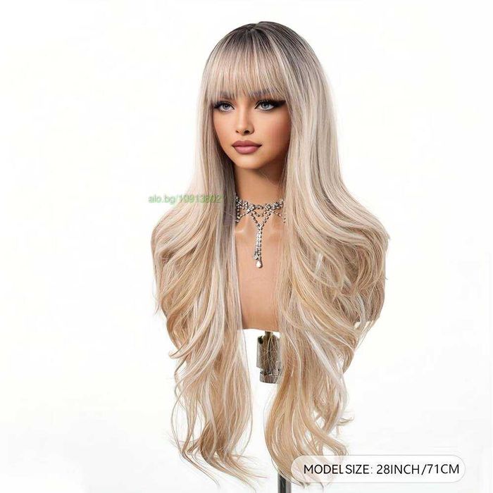 Ефектна руса перука с омбре преливане, тъмни корени и бретон