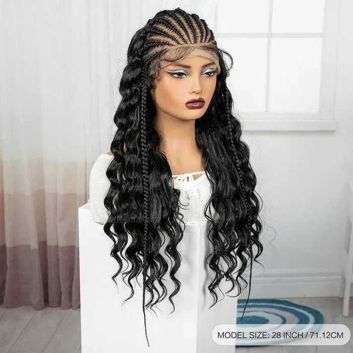 Екзотична черна синтетична перука с пълзящи плитки - Lace Front 13x6