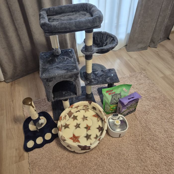 Loc joaca, disperser apa automat, cos de dormit pentru pisici