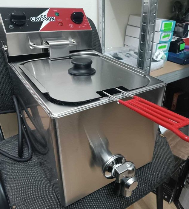 Професионален електрически фритюрник CROSSON 6L с изпускателен кран за олио, неръждаема стомана, 30-минутен таймер