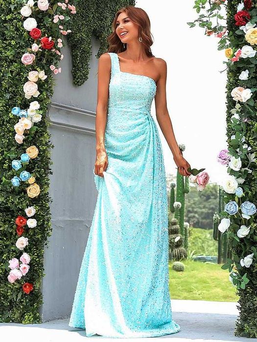 Официална дълга пайетена рокля с А-линия в небесносин цвят - М размер