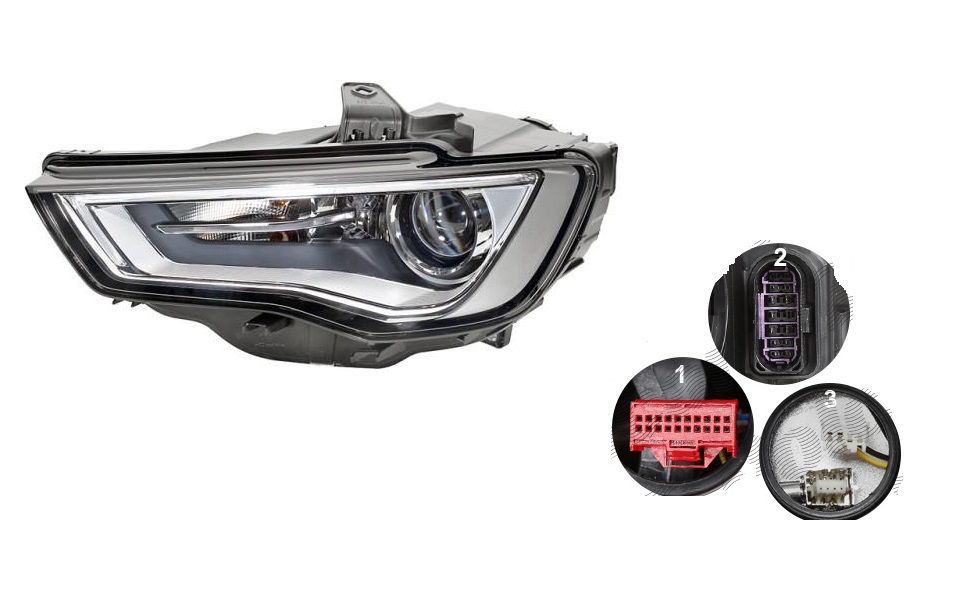 Far Audi A3 (8v), 06.2012-07.2016, 3 Usi, Sportback, partea stanga/dreapta, bi-xenon; cu lumina timp de zi tip LED; D3S+LED+PSY24W; electric; fara bec descarcare; fara ballast; cu motor