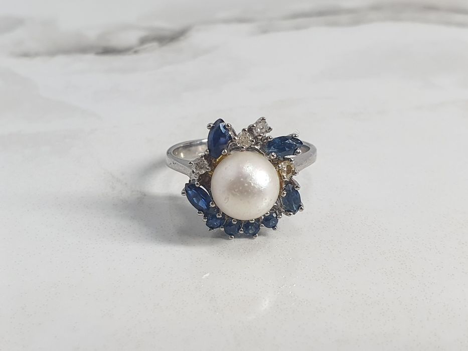 Inel din aur alb de 14K cu safire, diamante și perlă – mărimea 57,5