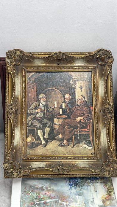 Tablou vintage cu ramă aurie sculptată – scenă rustică deosebită