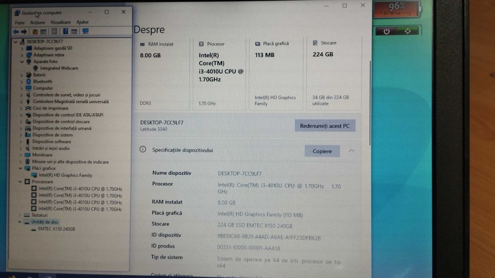 Dell Latitude, 13,3 inch, Core I3, 8GB RAM, SSD 240GB, baterie 2-3 ore