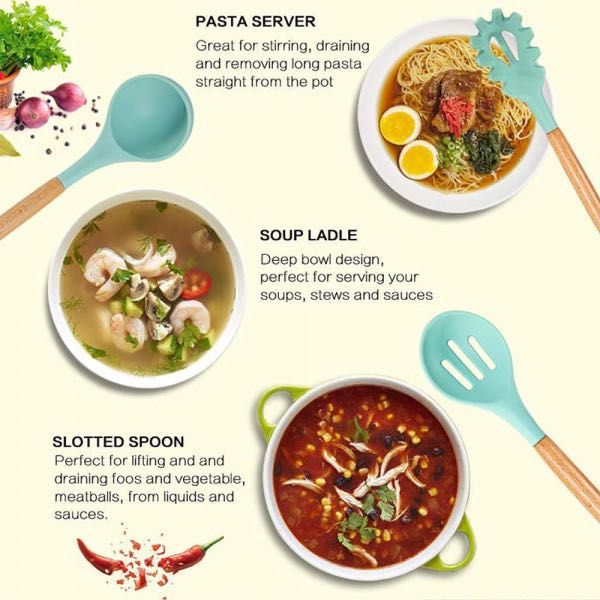 Сет 12 кухненски прибори за готвене - от естествено дърво