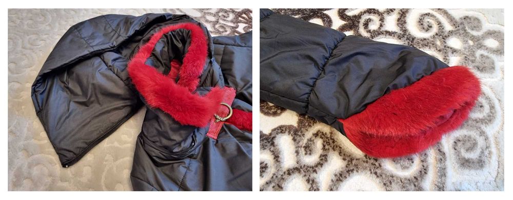 Geaca M dama, scurta neagra cu blanita rosie, gluga