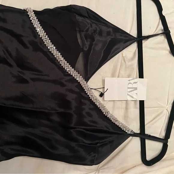 Zara Rochie slip asimetrică seara Satin negru paiete margele Strass