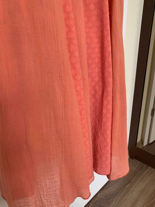 Free People Boho Maxi Dress S Coral V Neck Tie Back Textured Gathered Used