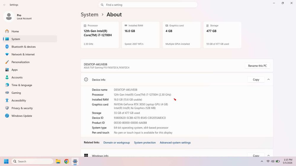 Laptop ASUS TUF F15 gaming - i7 gen 12, Full HD 144 Hz