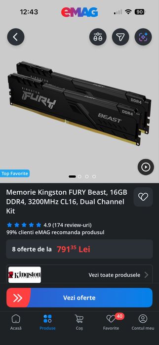 Memorie Kingston FURY Beast, 16GB DDR4, 3200MHz CL16, Dual Channel Kit
