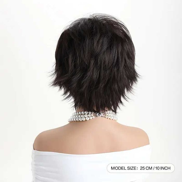 Къса дамска тъмно кафява перука с фини руси кичури