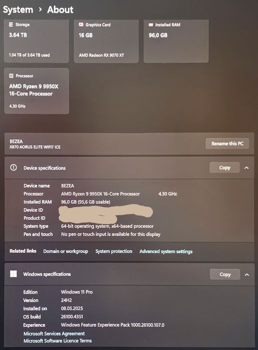 Desktop Gaming AM5 AMD 9950X 96GB DDR5 9070XT NZXT 1000W WHITE