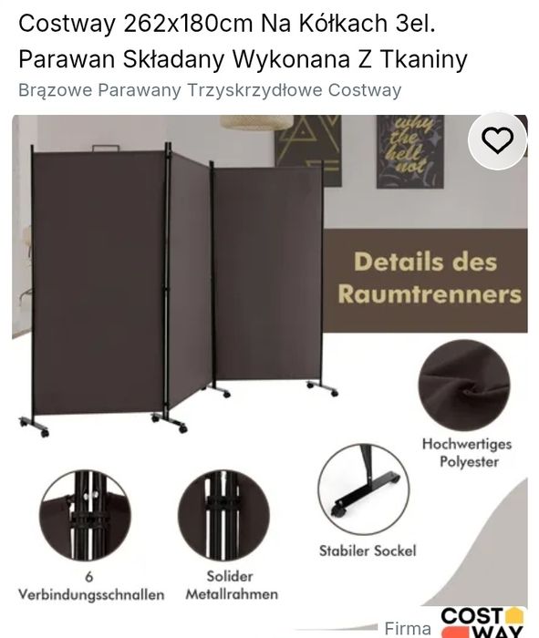 Paravan pliabil din material textil 262x180cm pe roți