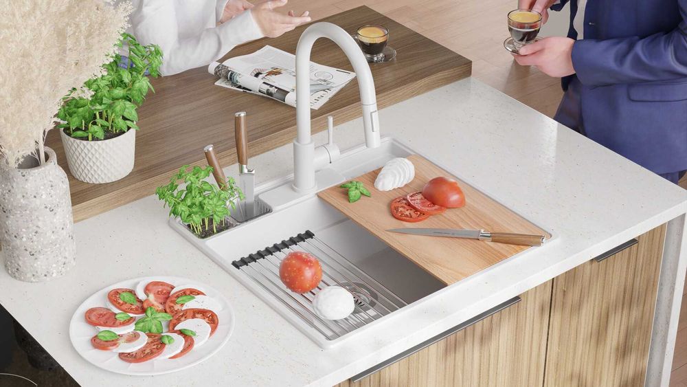 Бяла кухненска мивка от гранит Ню Йорк 60 Multispace 580 x 530 мм