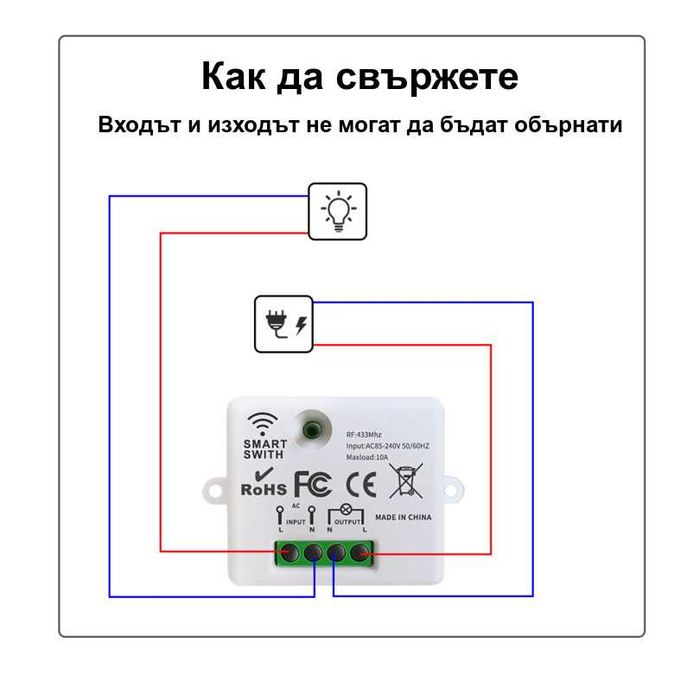 Единичен безжичен ключ с RF433MHz реле / превключвател