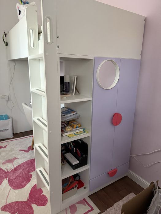 SMÅSTAD Pat supraetajat ikea, alb mov/cu birou cu 2 poliţe