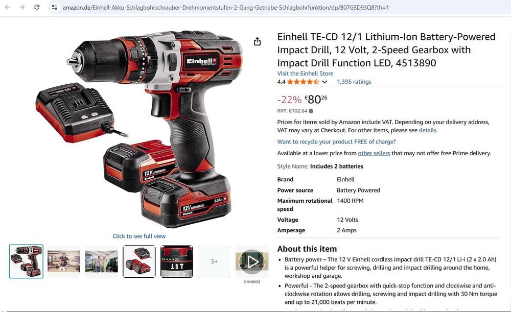 Mașină de găurit cu percuție Einhell TE-CD 12/1