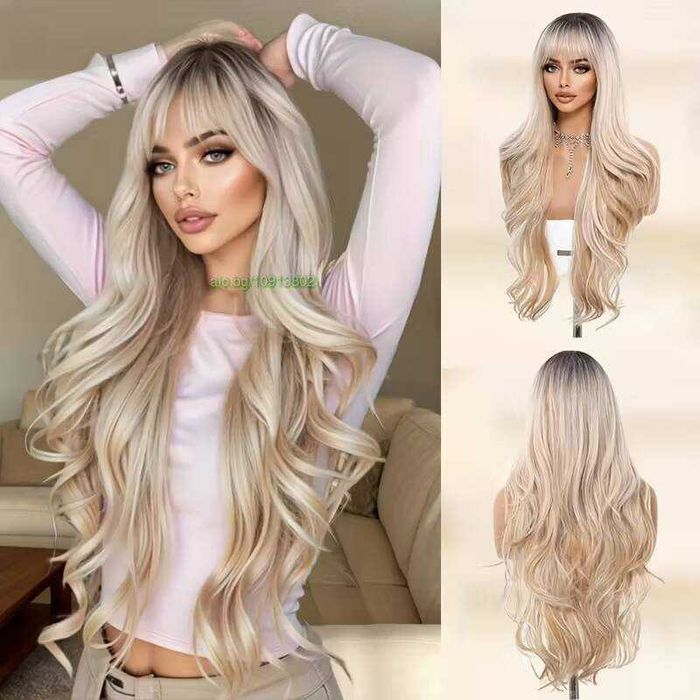 Ефектна руса перука с омбре преливане, тъмни корени и бретон