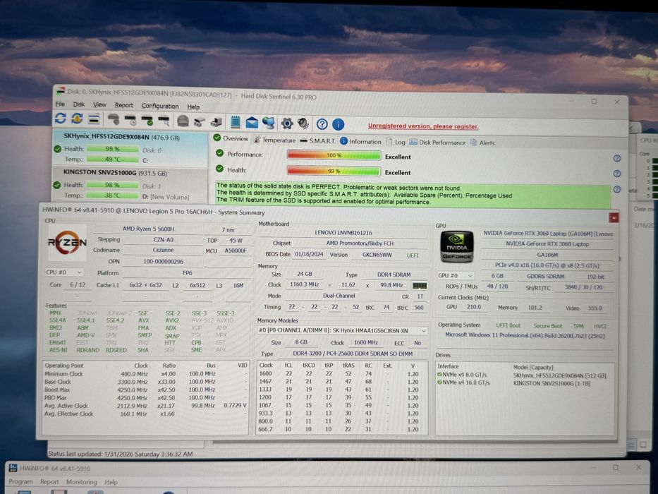 Lenovo Legion 5 Pro - Ecran 2K 165Hz | 24GB RAM | RTX 3060 | SSD 1.5TB