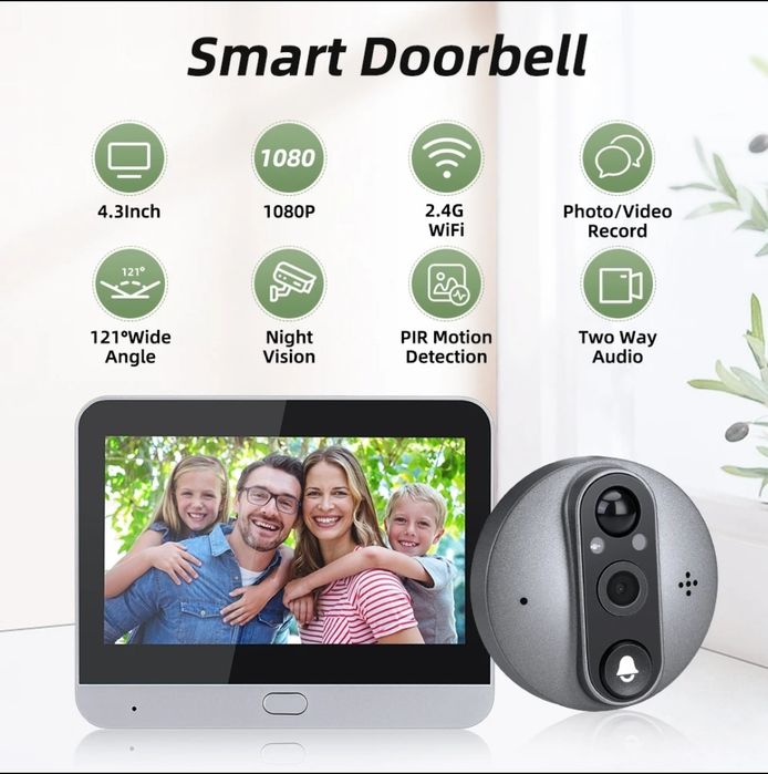 Sonerie video vizor smart, detecție prezența alarmă pe telefon,Wi-Fi,