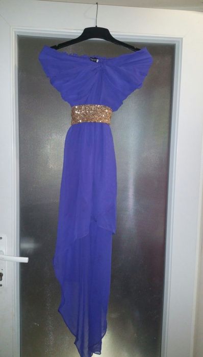 rochie asimetrica fara maneci voal albastra mov lila cordon talie mini