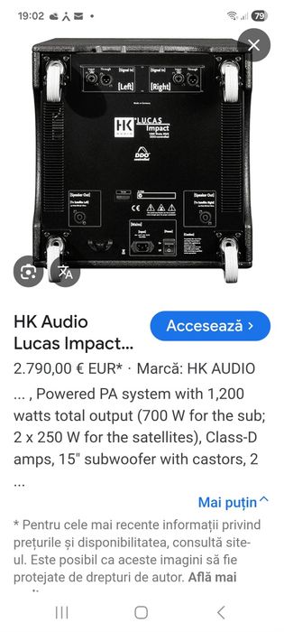 Bass activ LUCAS IMPACT si 2 boxe pasive pe 15 toli - NOI