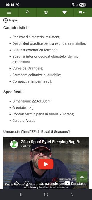 Vând sac de dormit ZFish Royal 5 Season 220×100 cm