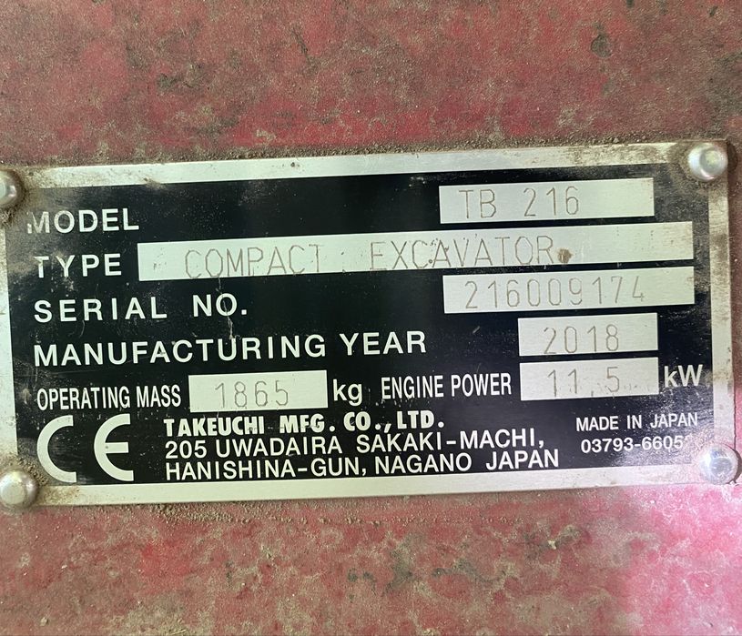 Takeuchi TB216 2018 - 16500€+TVA