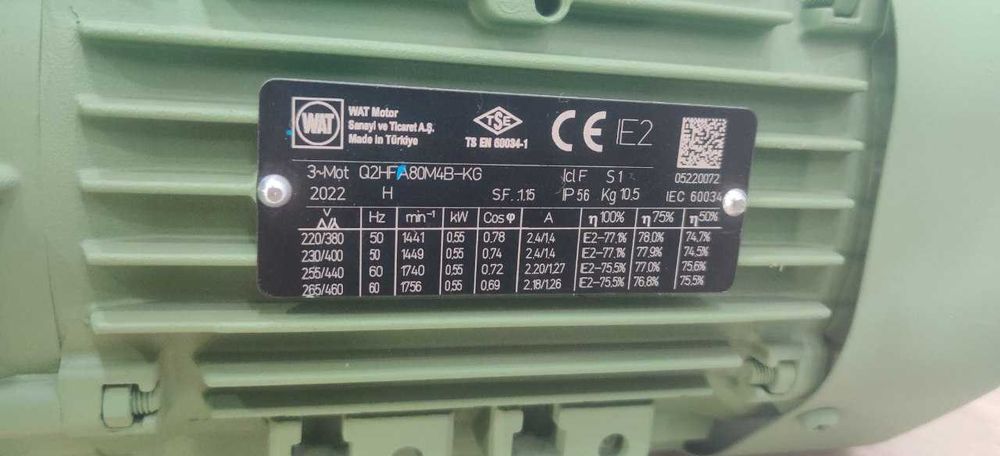 ЭЛЕКТРОДВИГАТЕЛЬ Мотор WAT(Турция) 0,55 кВт,фланец,1500 об/мин 2 йил г