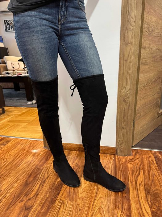 Велурени дамски чизми над коляното с равна подметка, 38 номер