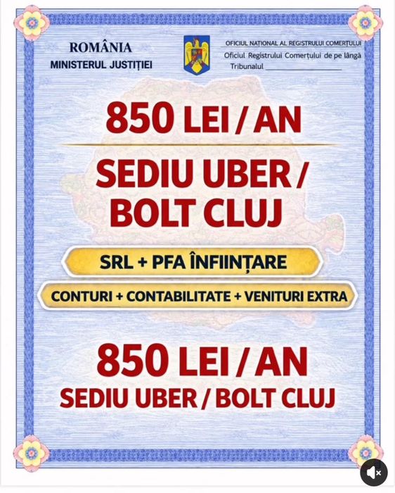 Înființare firmă Uber/Bolt + sediu social Cluj  850 lei / an – sediu social
