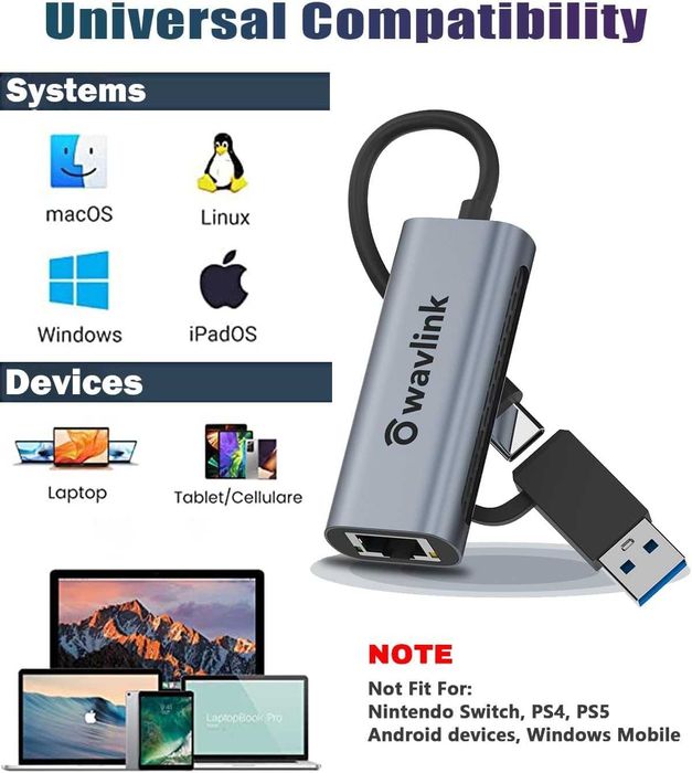 Wavlink USB C към Ethernet адаптер 2.5 Gbps