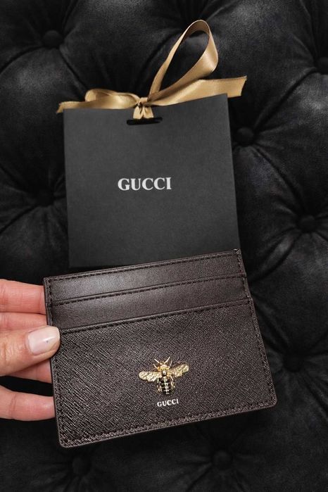 гучи кардхолдър портмоне ново кожено  пчела gucci унисекс кафяв кафяво