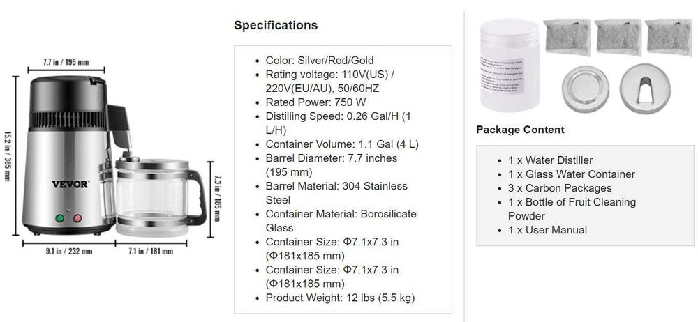 VEVOR™ 4л ИНОКС Дестилатор за Вода Дестилация на Вода Дестилирана Вода