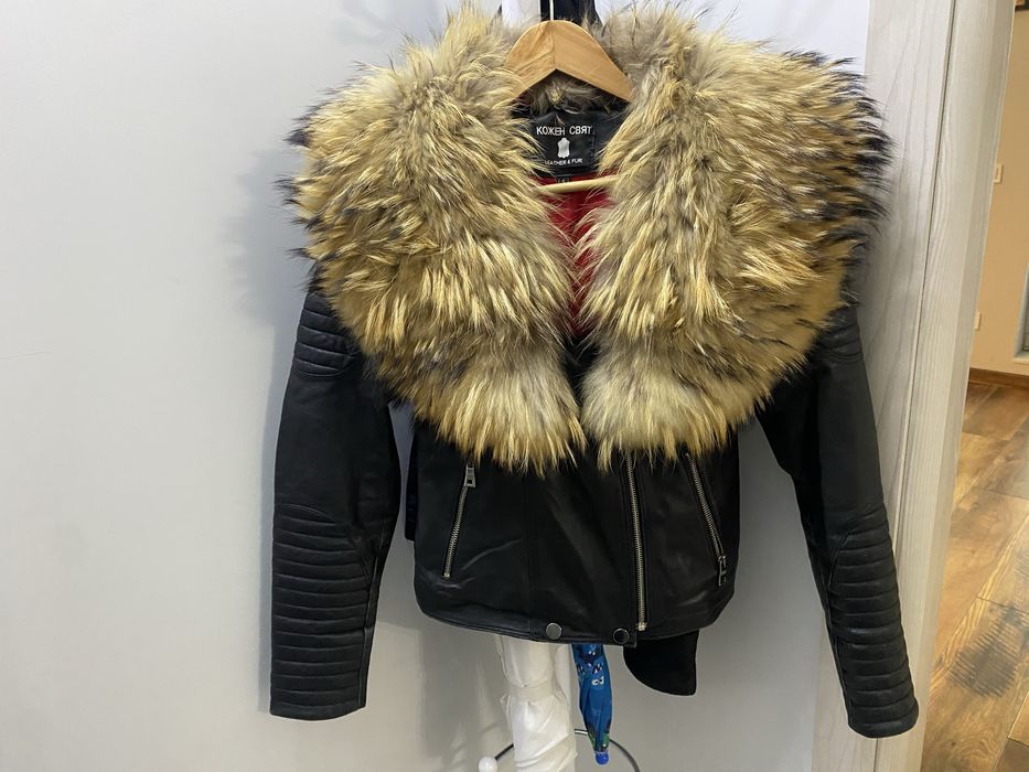 зимно кожено яке с яка от естествен косъм