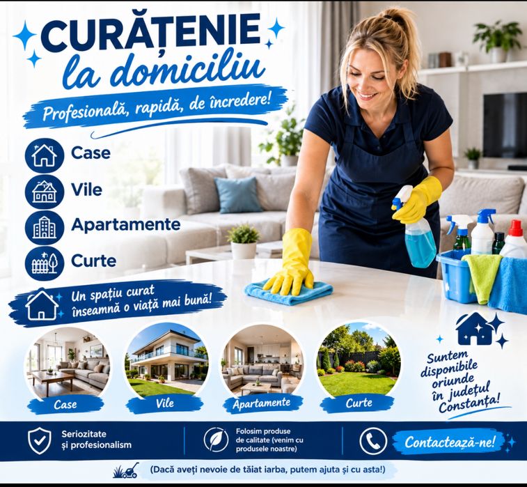 Oferim servicii de curățenie profesionale pentru locuințe și diverse spații, realizate cu atenție la detalii și seriozitate.