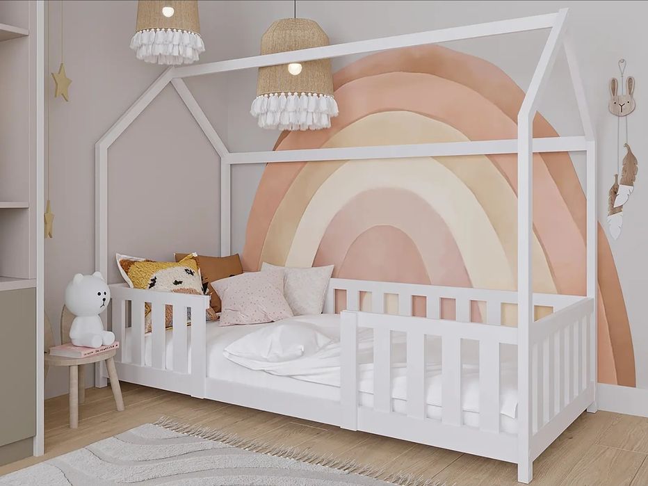 Pat Montessori copii 80x160 cu balustrada si cadru - alb