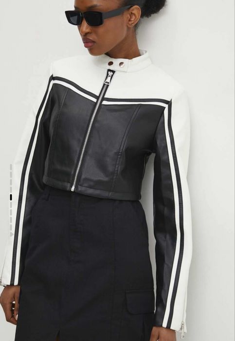 Късо кожено яке в черно и бяло
