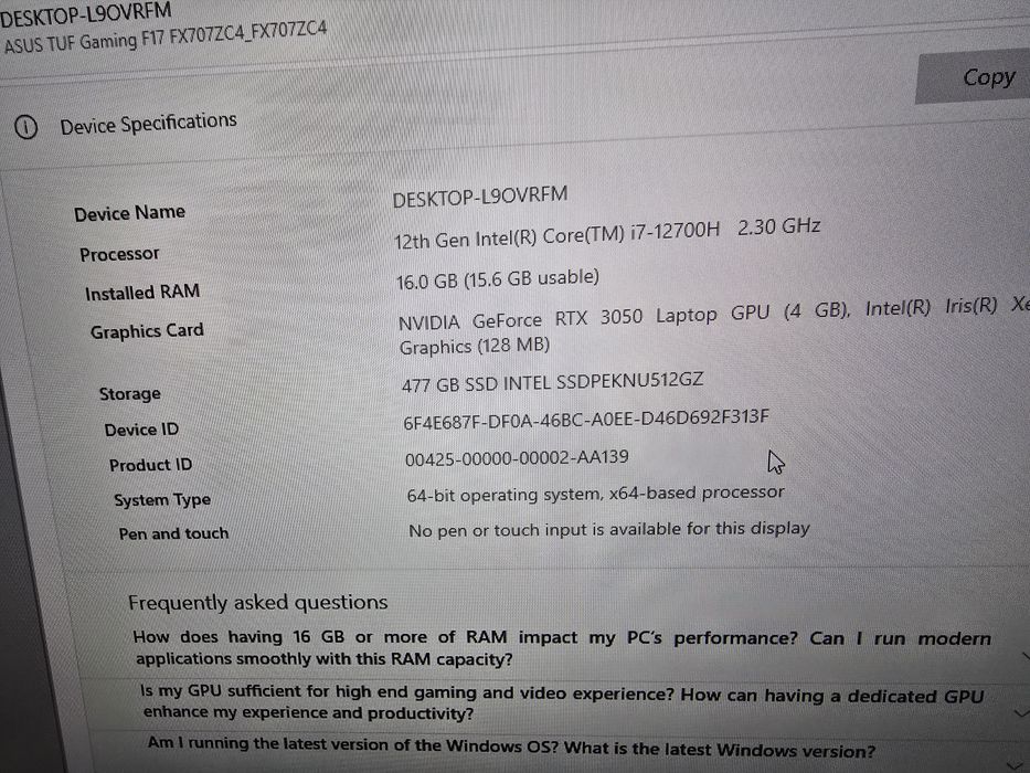 Геймърски лаптоп Asus Tuf gaming f17