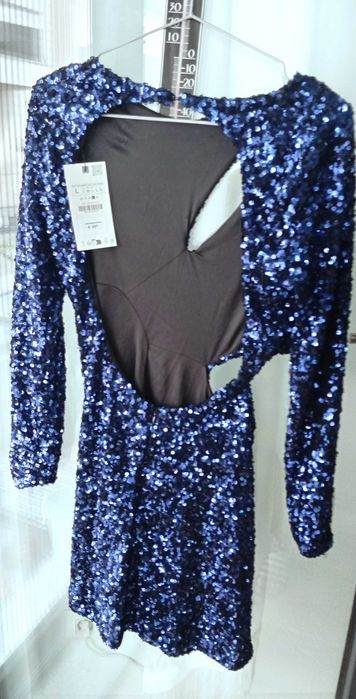 Zara Rochie de festivitate albastra (de seara), cu paiete, maneca lunga & captuseala, spatele gol