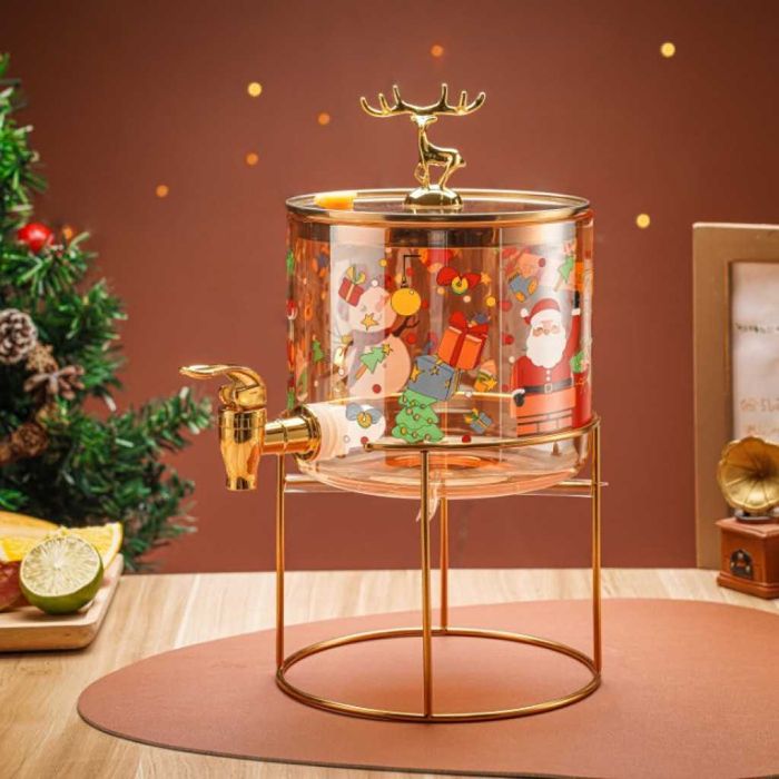 Стъклен диспенсър за напитки 2.6 L с коледен дизайн и златиста стойка