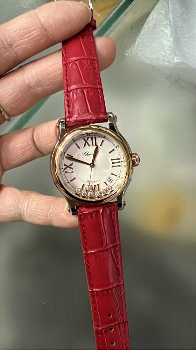 chopard happy sport сребърно-златна/червена каишка