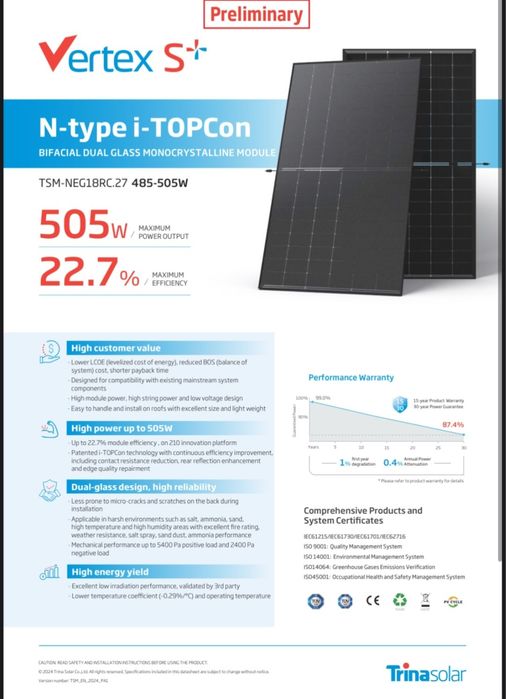 Panou fotovoltaic (panouri solare)  Trina Solar Vertex S+ 505W, N-Type, bifacial, sticlă dublă