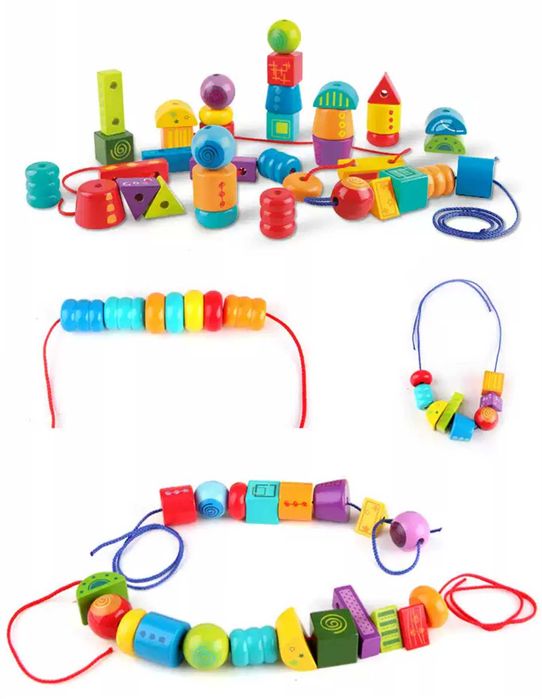 Дървена игра Hape за малко дете конструктор кубчета с наниз