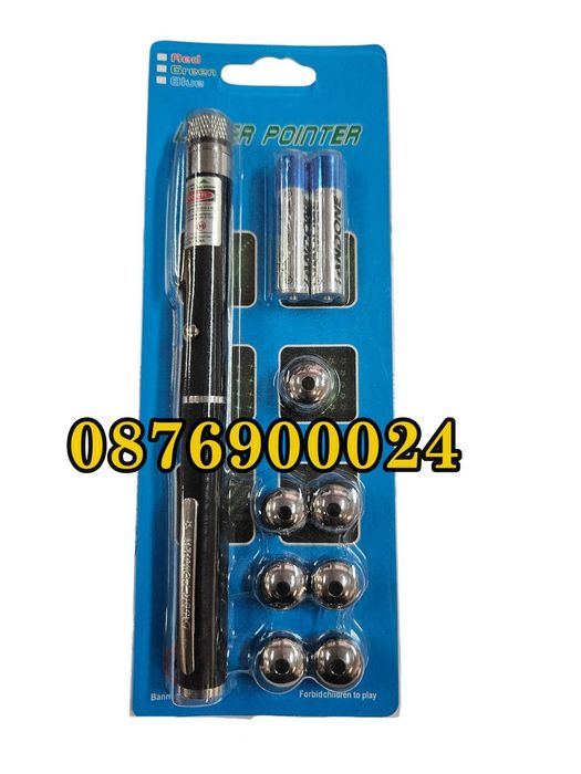 СУПЕР МОЩЕН зелен лазер тип писалка + 7 приставки и батерии Показалка