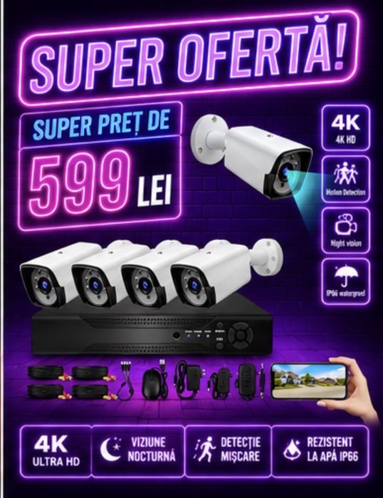 Camere Supraveghere Video KIT Complet 4-8 sau 12 CAMERE Supravegere .OFERIM MONTAJ IN TOATE ORAȘELE .Garantie 3 ani !!