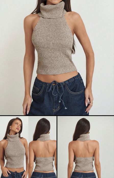 Дамски елегантен плетен топ с висока яка и гол гръб