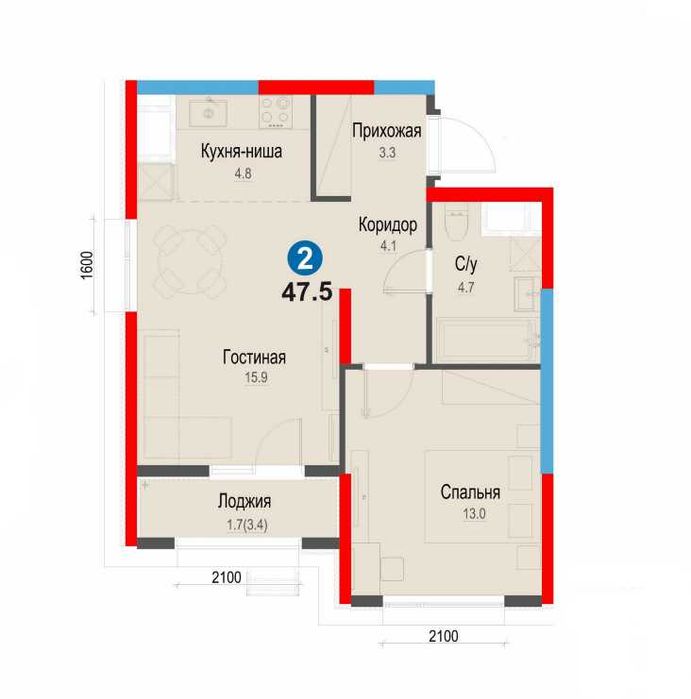 47,5 м² замонавий студия | 12-қават | Мансарда эмас | Ипотека мавжуд