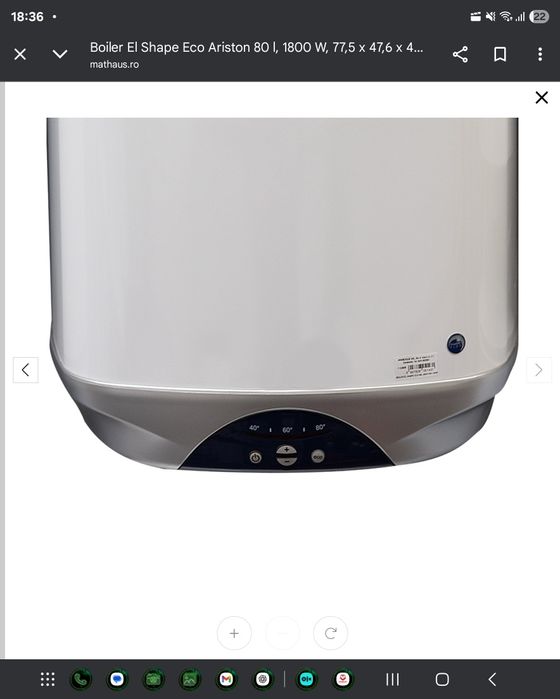 Boiler El Shape Eco Ariston 80 l, 1800 W, 77,5 x 47,6 x 48,9 cm